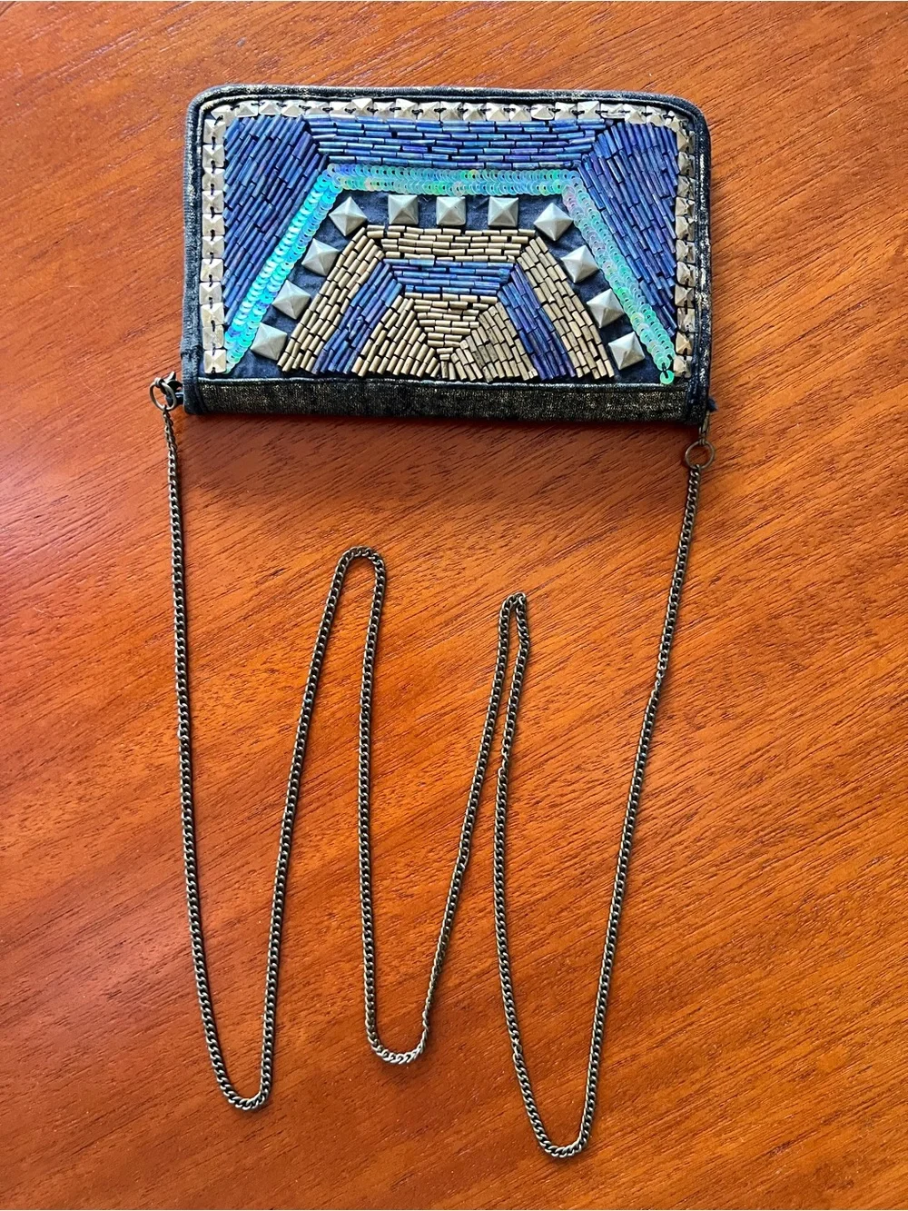 Ecote Blue Geometric Beaded Crossbody Wallet Bag